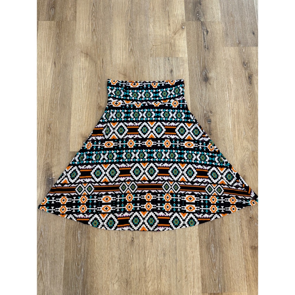 LuLaRoe Skater Skirt Womens Medium Black Orange Teal Tribal Geometric Excellent